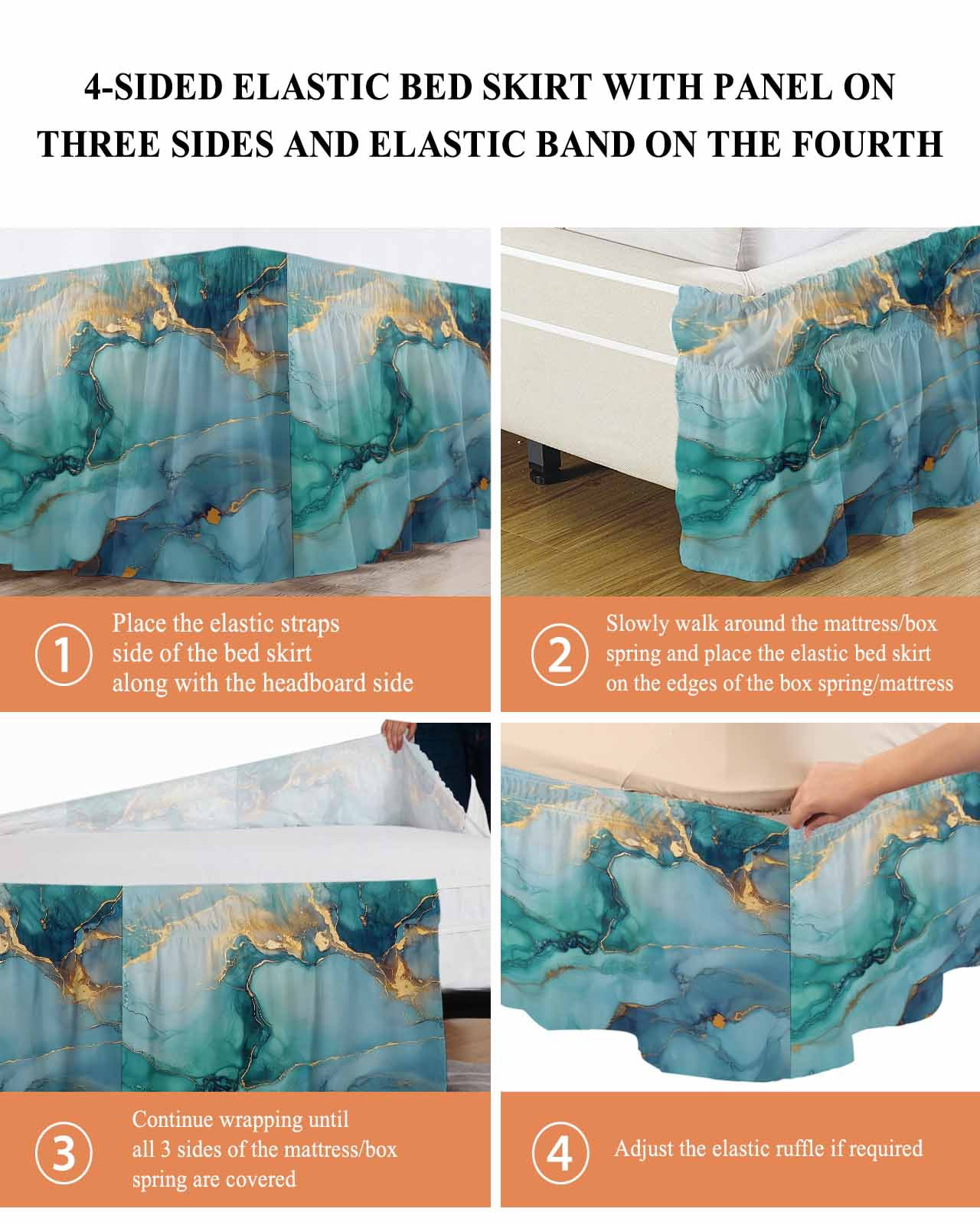 Marble Teal Wrap Around Bed Skirts for King Bed 16" Drop, Bed Skirt with Adjustable Elastic Belt Dust Ruffle Bed Valance for Bedroom Hotel Luxury Luxury Golden Modern Abstract Art Bed Frame Cover