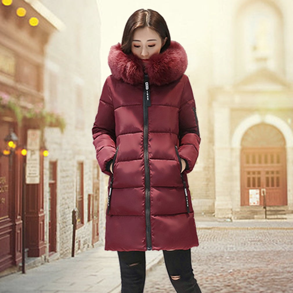 Fashion Women Long Down Cotton Parka Fur Collar Hooded Coat Winter Warm Jacket by