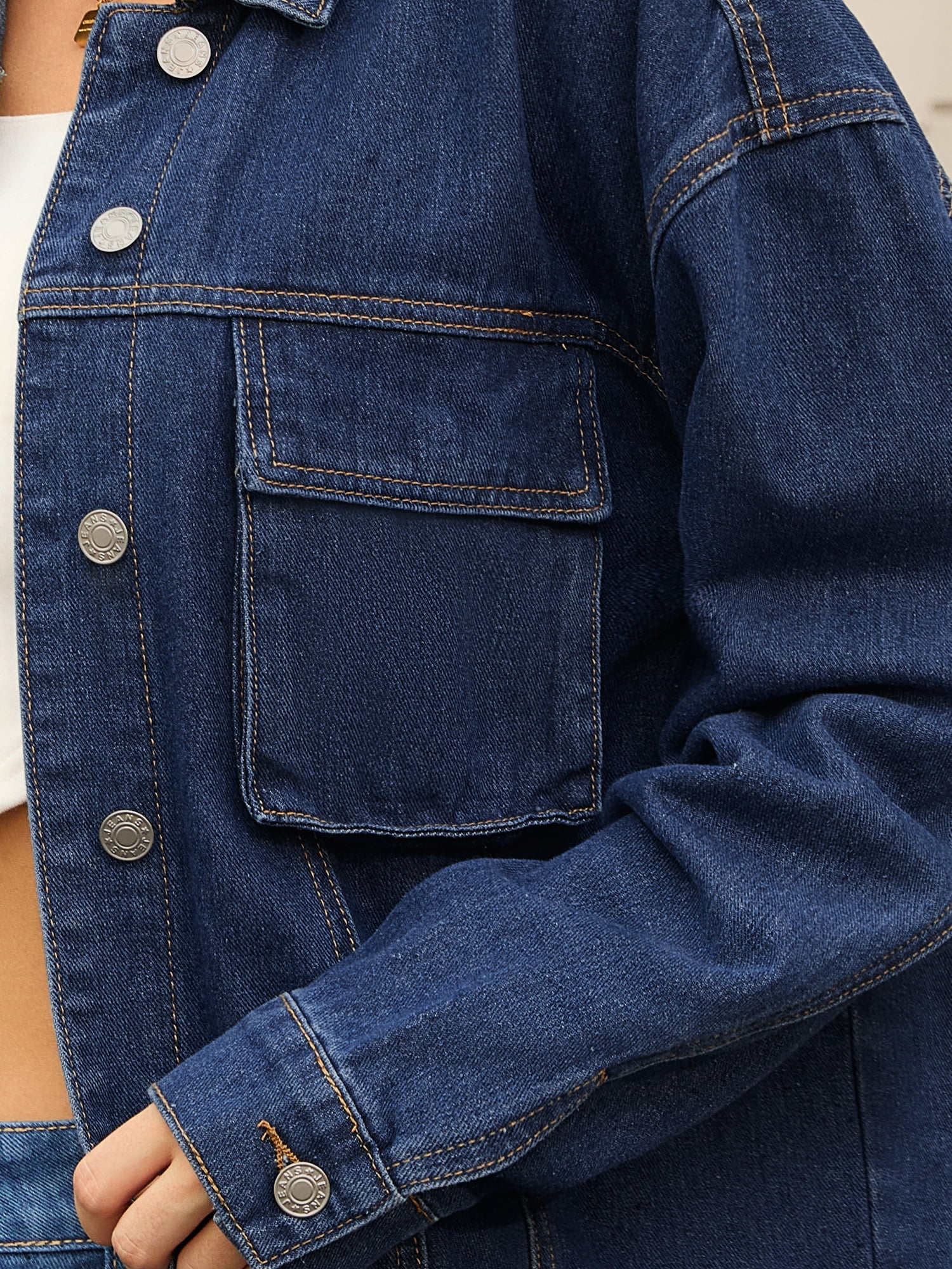 Unique Bargains Women's Button Down Cargo Pockets Denim Western Outfits M Dark Blue