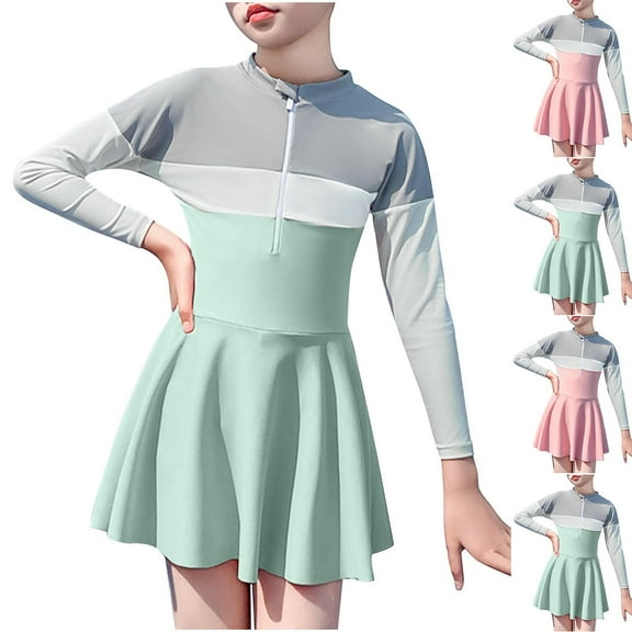 Jinhomg Girls Swim Skirt Lightweight Long-Sleeved Half-Zip Swimsuits Kids Girls Colour Patchwork One-Piece Rash Guard Swimwear Sales Today 11 Years Green