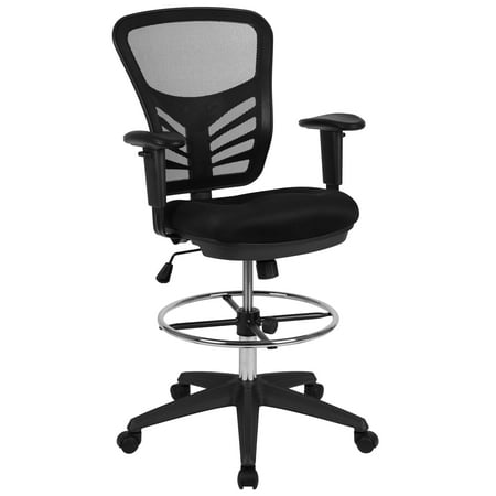 UPC: 0889142568520 | Flash Furniture Tyler Mid-Back Black Mesh Ergonomic Drafting Chair with Adjustable Chrome Foot Ring Adjustable Arms and Black Frame