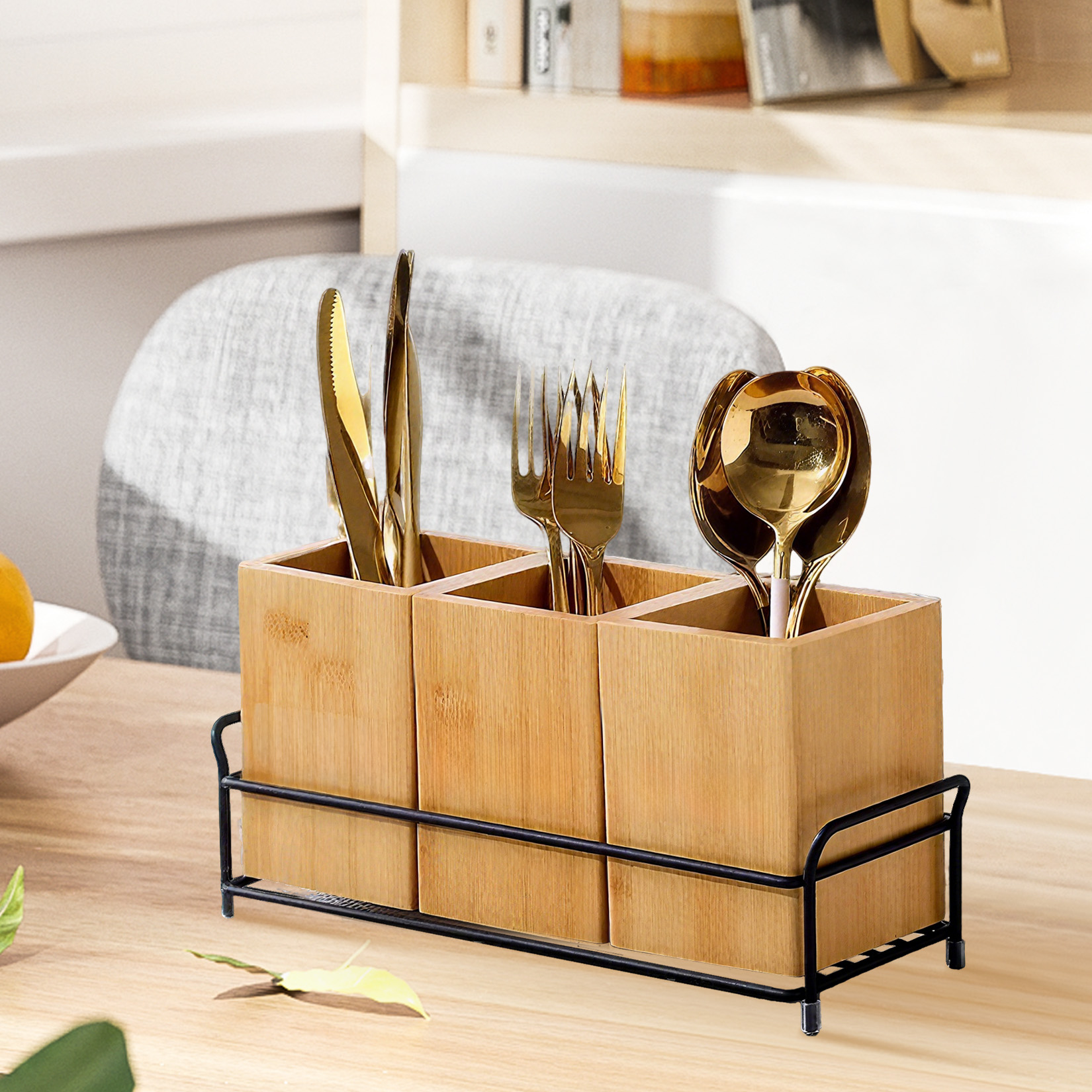 Flatware Caddy Fork Spoon Knife Organizer, Bamboo Utensil Holder, Wood Cutlery Holder Silverware Caddy with 3 Detachable Compartments & Handles for Kitchen Countertop Party