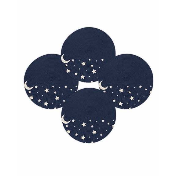 Round Placemats Set of 4 Stars Moon Place Mats Washable Woven Placemat Starry Night Navy Blue Circle Braided Table Mat for Kitchen Dining Table Party Home Decor 15 Inch