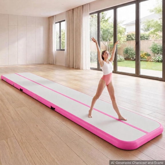 Inflatable Gymnastics Air Mat 16.4 Ft Tumbling Track with Electric Pump, 4 Inch Thick Training Mat for Home Gym and Cheerleading, Pink
