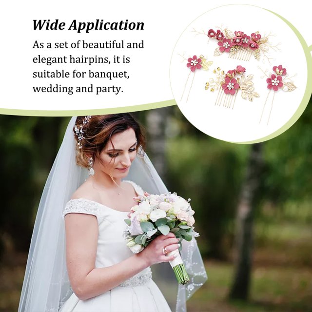 Ensemble de 4 Pcs de Peignes à Cheveux Fleur de Mariage Décorations pour Filles Couvre-Chef Coiffe de Mariée Habillage Ornement Mode Accessoire de Bijoux Rouge Rose