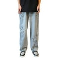 thumbnail image 6 of Men's Summer Five pointed Star Patch Jeans American High Street Fashion Brand Vibe Pants Straight Tube Loose Floor Sweeping Wide Leg Pants, 6 of 10