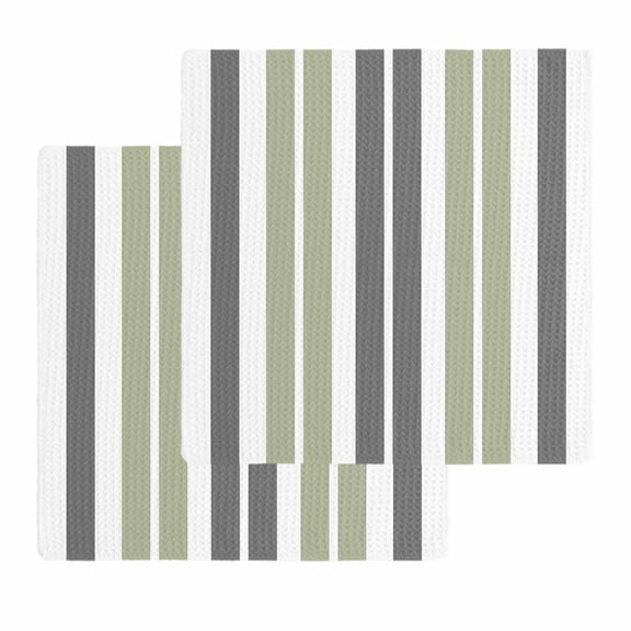 Sage Green Grey Striped Dish Towels Set, Waffle Weave Kitchen Towels 2 Pieces, Gray Modern Abstract Art Microfiber Hair Face Bath Tea Towel Absorbent Quick Drying Cleaning Dish Cloths 12"x12"
