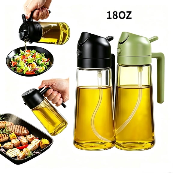USIONE 2 Pack Glass Oil Sprayer Bottle 18oz/600ml, 2-in-1 Pourer Dispenser for Air Fryer Salad Frying Bbq, Black & Green
