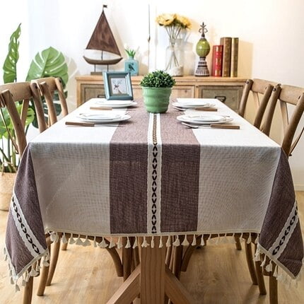 

UMMH Yarn-Dyed Linen Fabric Blue Gray Strip Tassel Tablecloth Hotel Christmas Decoration Cloth for Coffee Bar Table