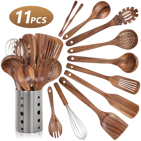 GPED Wooden Spoons for Cooking, 11 PCS Teak Wood Cooking Utensil Set, Wooden Kitchen Utensils for Nonstick Pans & Cookware, Spoons and Spatula Set, Sturdy, Lightweight & Heat Resistant