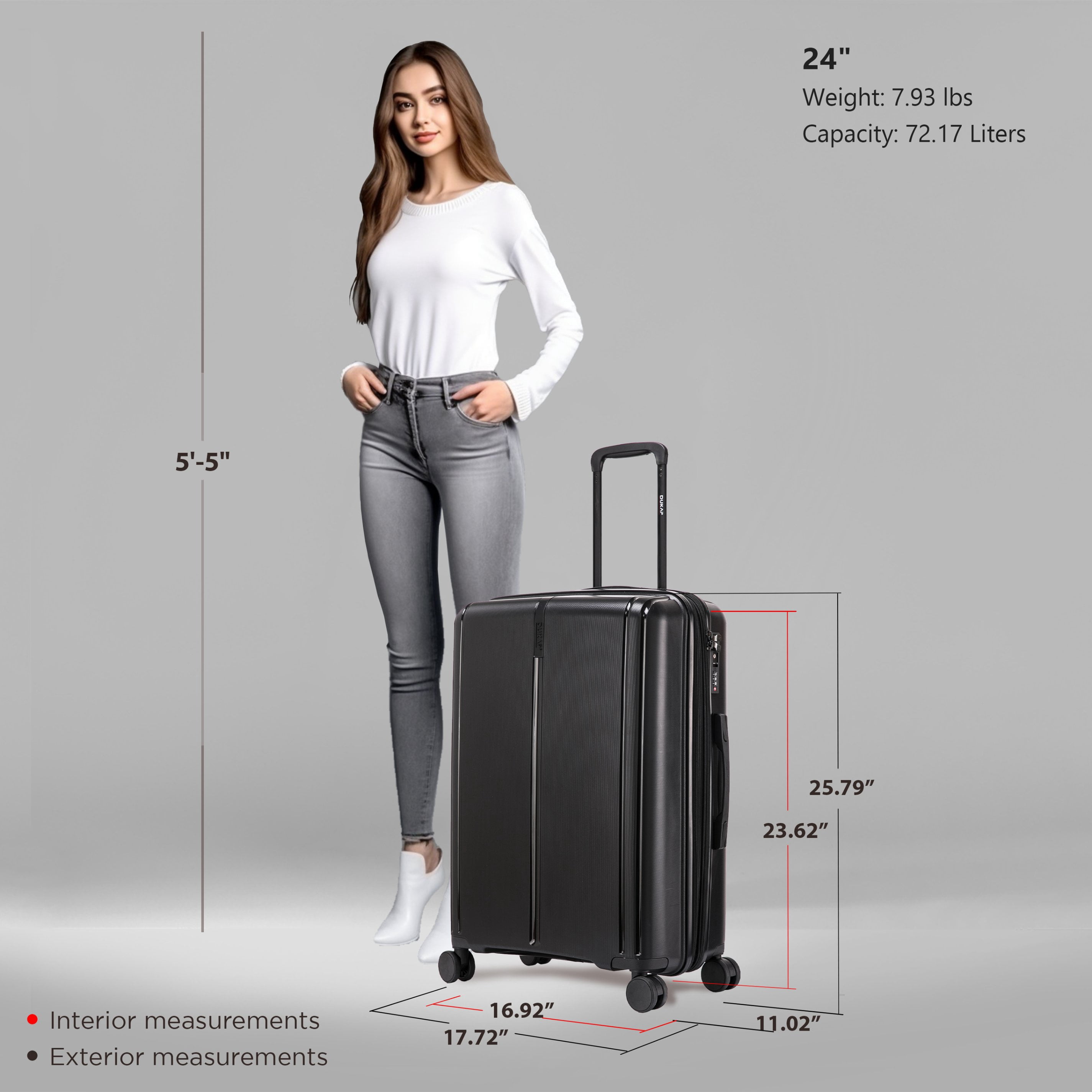 DUKAP AIRLEY 24" Lightweight Hardside Checked Luggage with Spinner Wheels, Handle and Trolley, Black