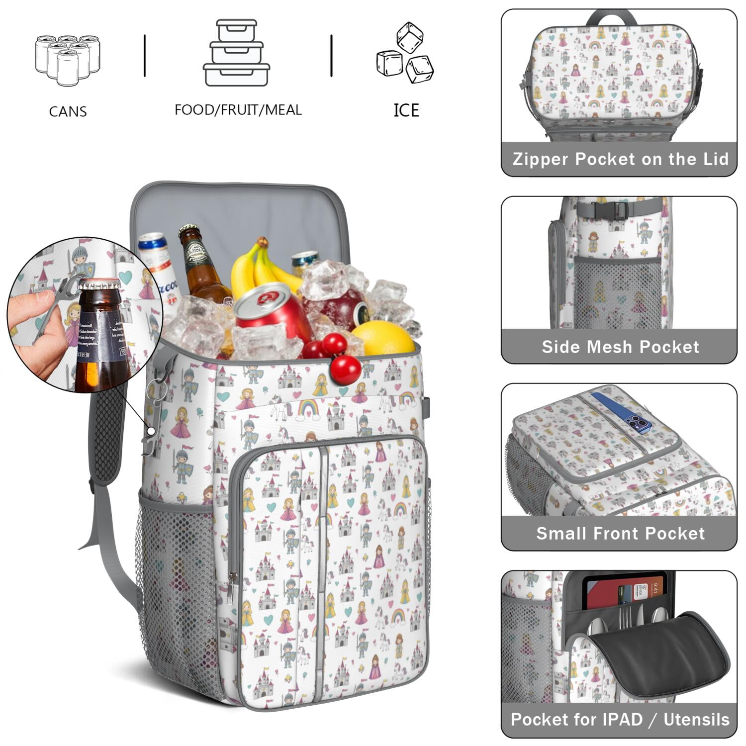 Travel Cooler Bag - White Princess Knight Pattern Camping Beer Cooler Backpack with Bottle Opener- Waterproof Insulated Picnic Backpacks - Cooler Bag for Beach