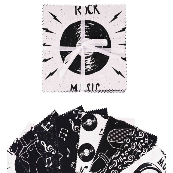 Soimoi Precut 10-inch Rock Music Prints Cotton Fabric Bundle Quilting Squares Charm Pack DIY Patchwork Sewing Craft- White & Black