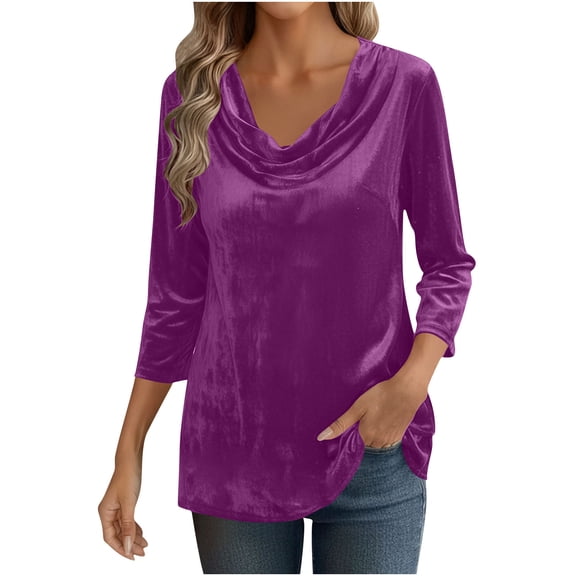 Women's Velvet T Shirts 3/4 Length Sleeve Solid Shirt Cowl Neck Drape Ruched Front Long Sleeve Blouses Tops
