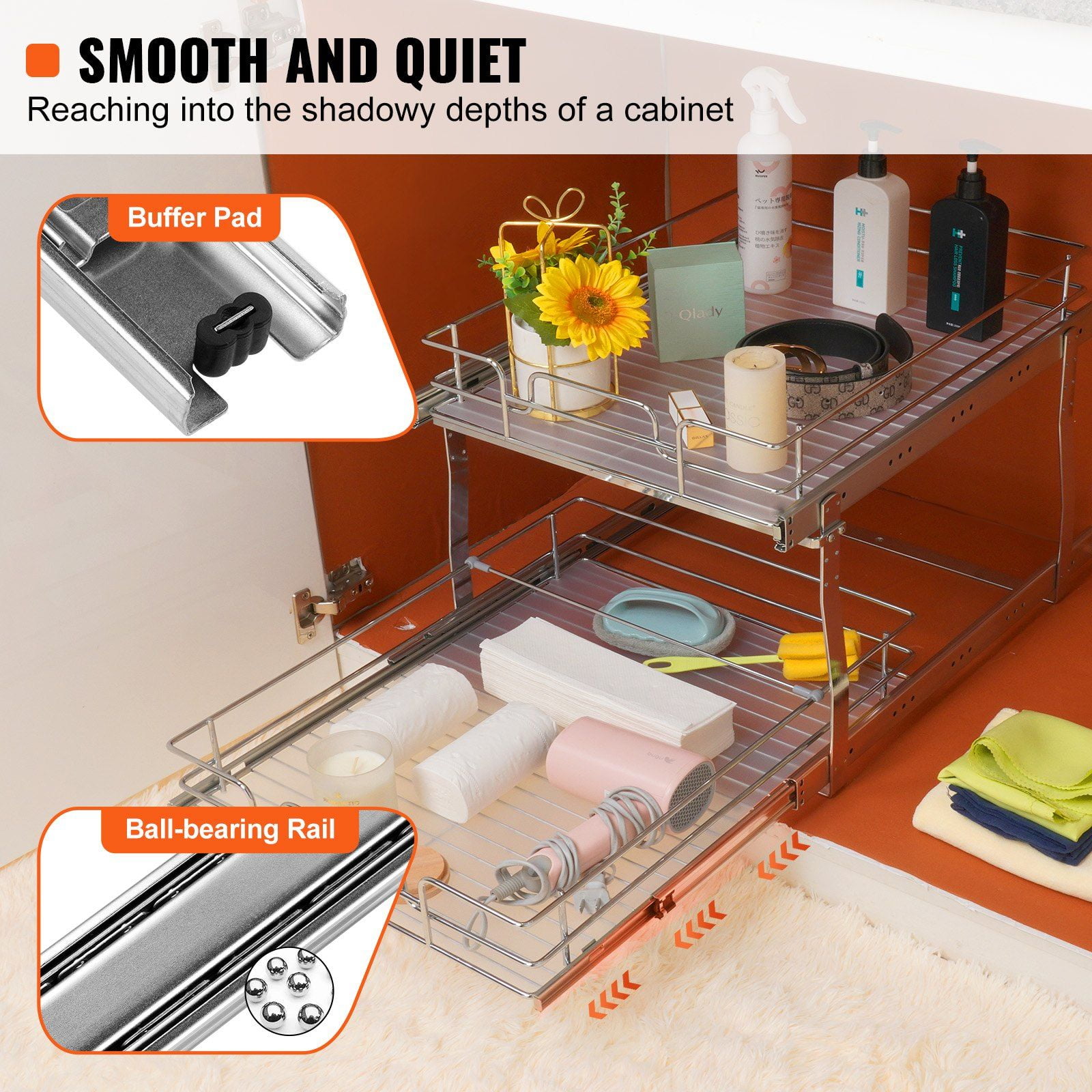 2 Tier Slide Out Pantry Shelves, 20 Inches Wide x 21 Inches Deep Pull Out Cabinet Organizer, Chrome Steel Roll Out Drawers for Kitchen & Bathroom