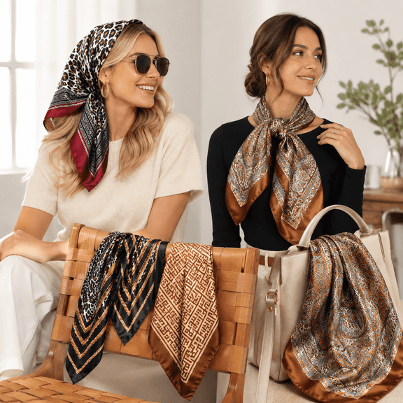 4 Pack Satin Square Head Scarves for Women, Silky Hair Scarves, Leopard Paisley Geometric Neck Scarf Set, Fashion Bandana Bag Handle Wrap Accessories