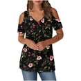 thumbnail image 3 of Feancey Cute Floral Tops for Women Short Sleeve V Neck Cold Shoulder T Shirts Summer Boho Print Loose Blouse Soft Casual Holiday Tee Shirt Multicolor M, 3 of 7