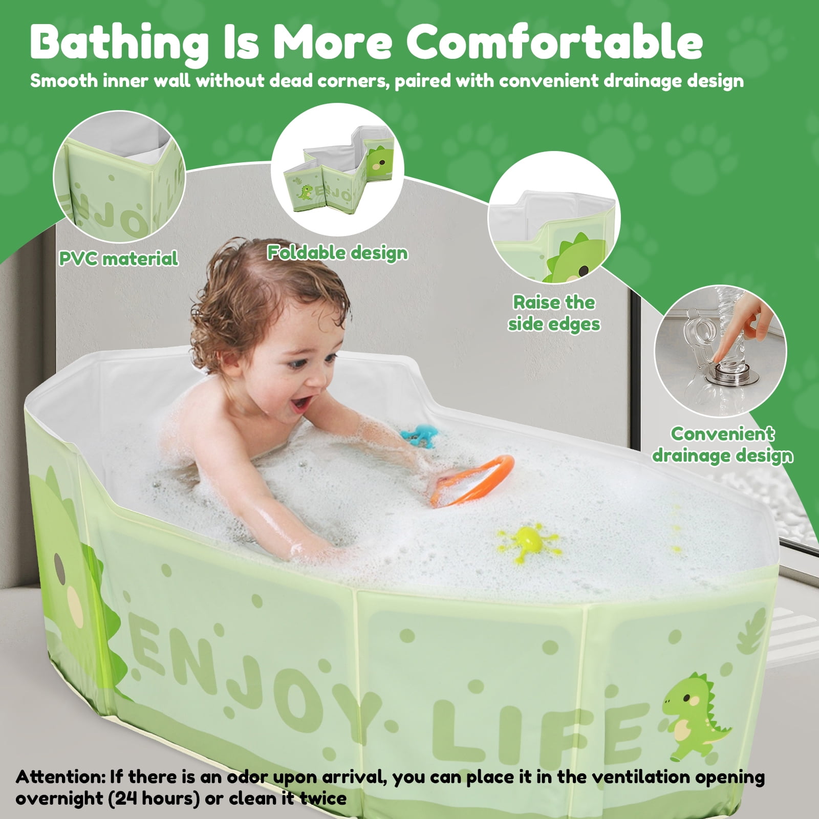 Ikoopy Foldable Kid Bathtub for Shower Portable Toddler Baby Bathtub with Drainage Design Space Saving for 0 to 8 Years Old Children Pet Travel