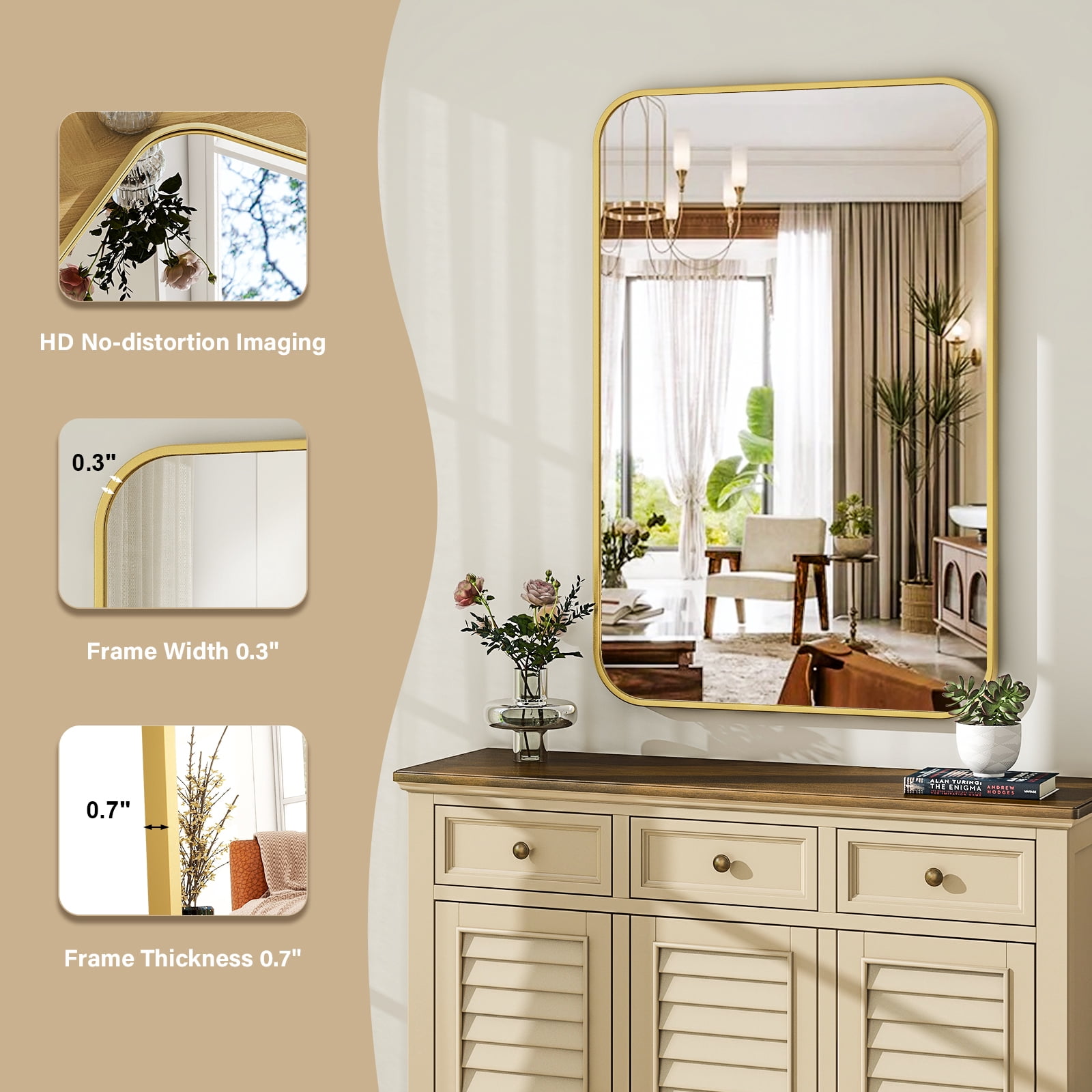 Easy4Home 48"x36" Large Rectangular Bathroom Mirror Hanging Rounded Corners Vanity Mirror Wall Mounted, Gold
