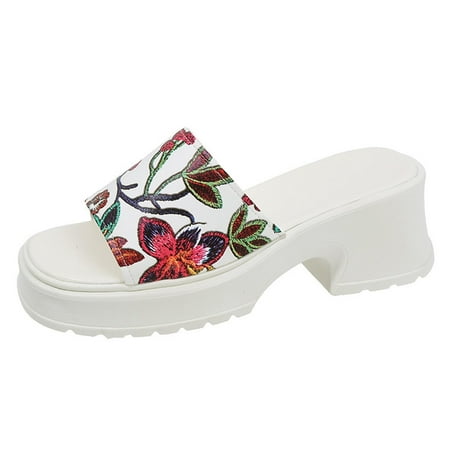 

YanHoo Women s White Wedge Sandals Open Toe Cute Platform Sandals Ladies Dressy Floral Print Wedding Slip-on Sandals