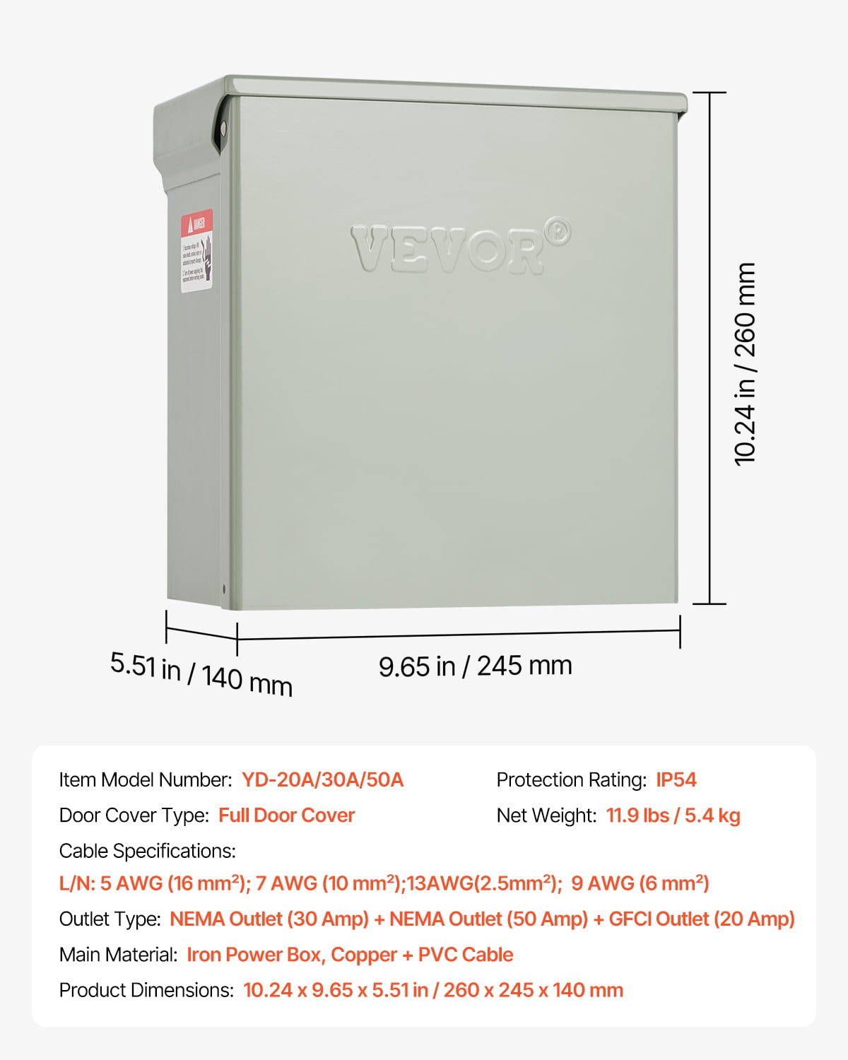 VEVOR Temporary Power Outlet Panel,20 30 50 Amp, RV EV Electrical Outlet Panel, with NEMA 50 Amp NEMA 30 Amp GFCI 20 Amp Receptacle Installed, Pre-Wired IP54 Weatherproof Box,for RV Camper Motorhome