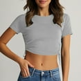 thumbnail image 2 of hotojiny Crop Tops for Women Soft Round Neck Short Sleeve Drawstring Side Slim Shirt Solid Stretchy Going out Streetwear Summer Trendy, 2 of 7