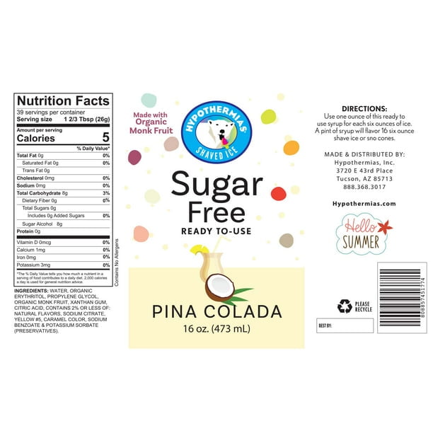 Hypothermias Sugar Free Shaved Ice Syrups Variety Pack, 3 Pints, Pina Colada, Cola, Cherry