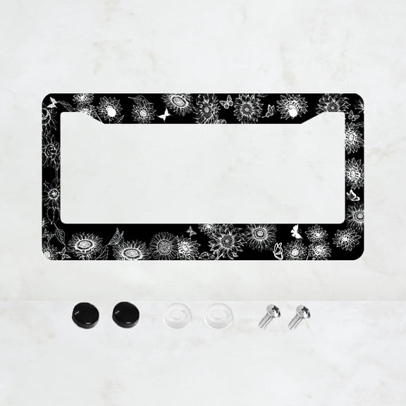 Black White Sunflower Butterfly License Plate Prame Aluminum Rust-Proof Auto Parts License Plate Decorative Screws Fit Standard 2 Holes 1 U.S. License Plate, 12.2x 6.3 Inch