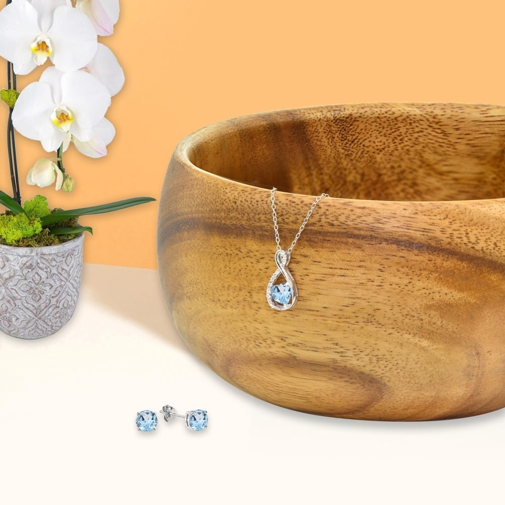 Sterling Silver Blue Topaz & Diamond Accent Infinity Heart Pendant Necklace & Stud Earrings Jewelry Set