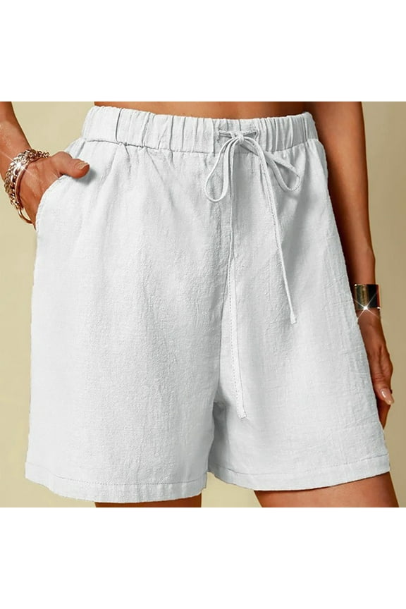 Clearance Clothing Under $10,Cotton Linen Shorts Solid Color Comfortable Elastic Wide Leg Shorts Jean Shorts White 4