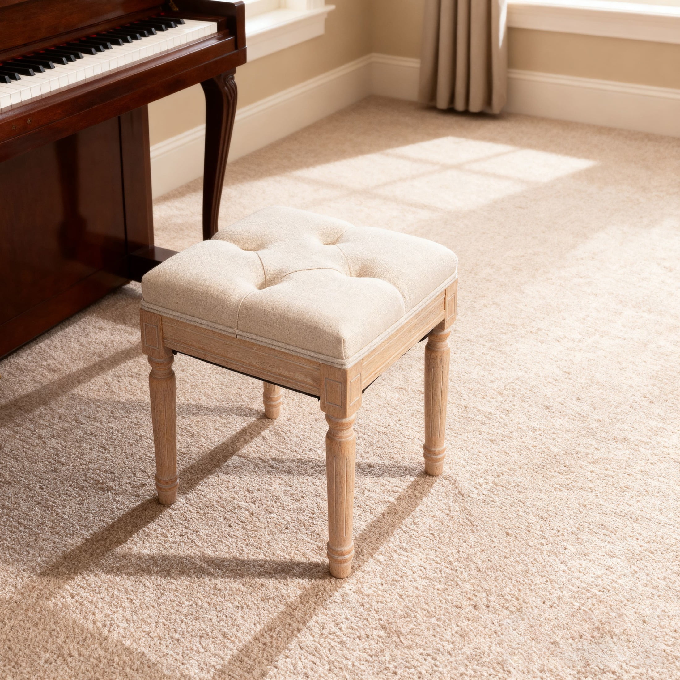 Noble House Edwin 16" Square Upholstered Ottoman Bench with Wood Legs, Rustic Vanity Stools for Bedroom, Beige