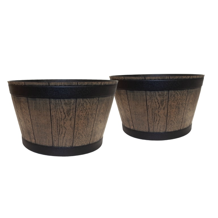 Misco Resin Barrel Planter, 20.5-Inch Brown, 2-Pack photo 1