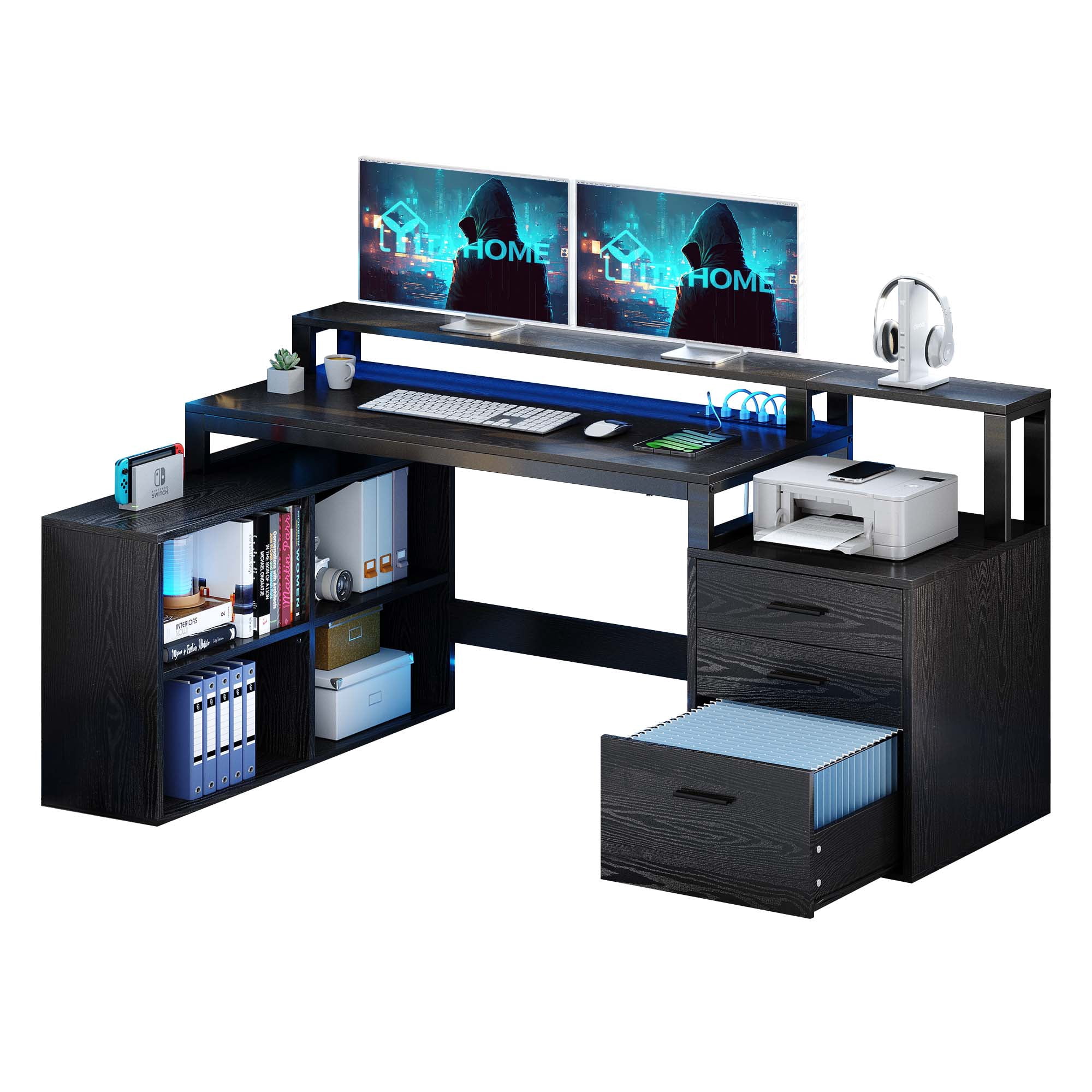 65" L Shaped Desk with Power Outlets and Monitor Stand , Computer Desk with LED Light &File Cabinet, Corner Desk with 3 Drawers & 4 Open Storage Shelves, White Modern Home Office Desk, Black