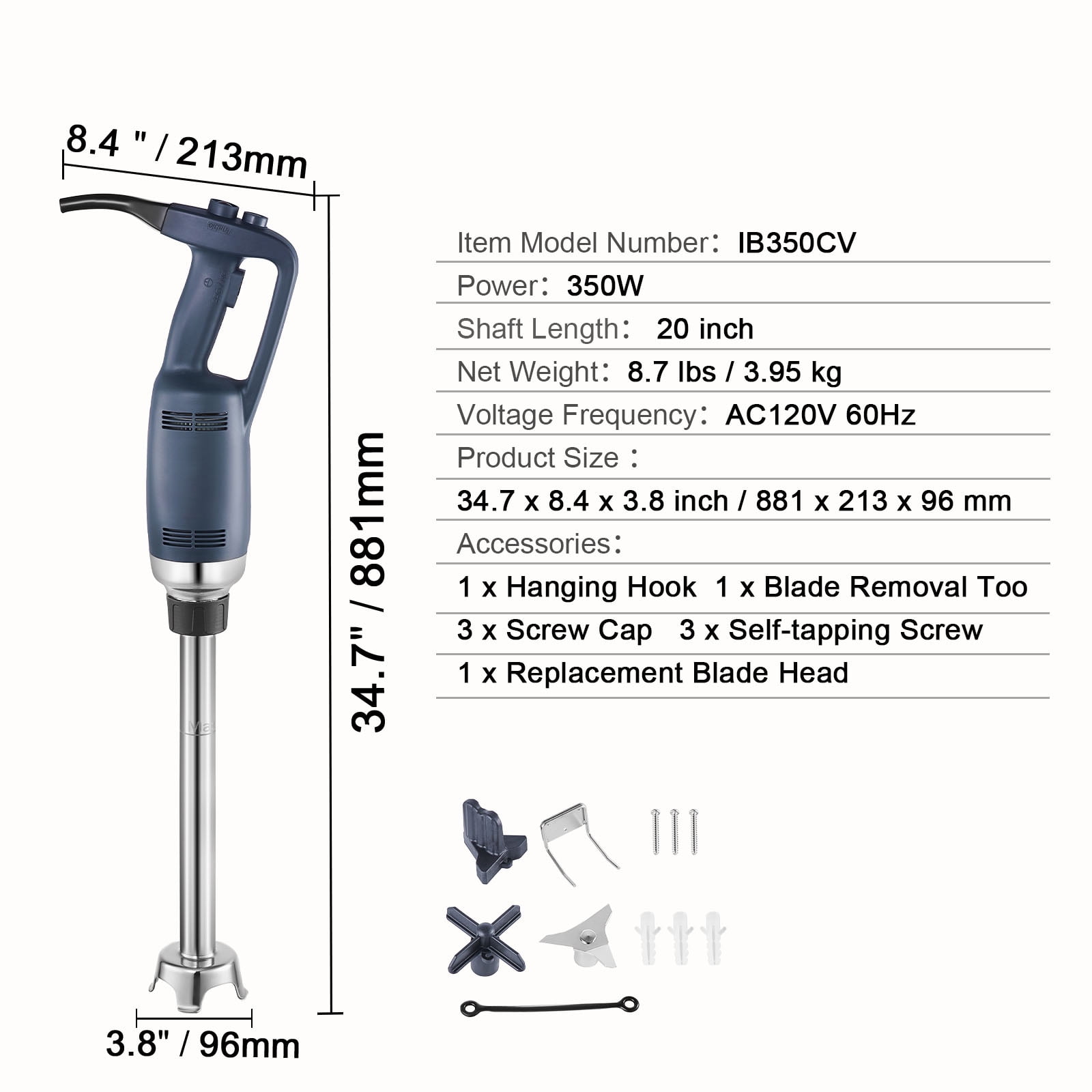 KFFKFF Commercial Immersion Blender Hand Held Mixer Stainless Steel Removable Shaft, Electric Stick Blender Variable Speed