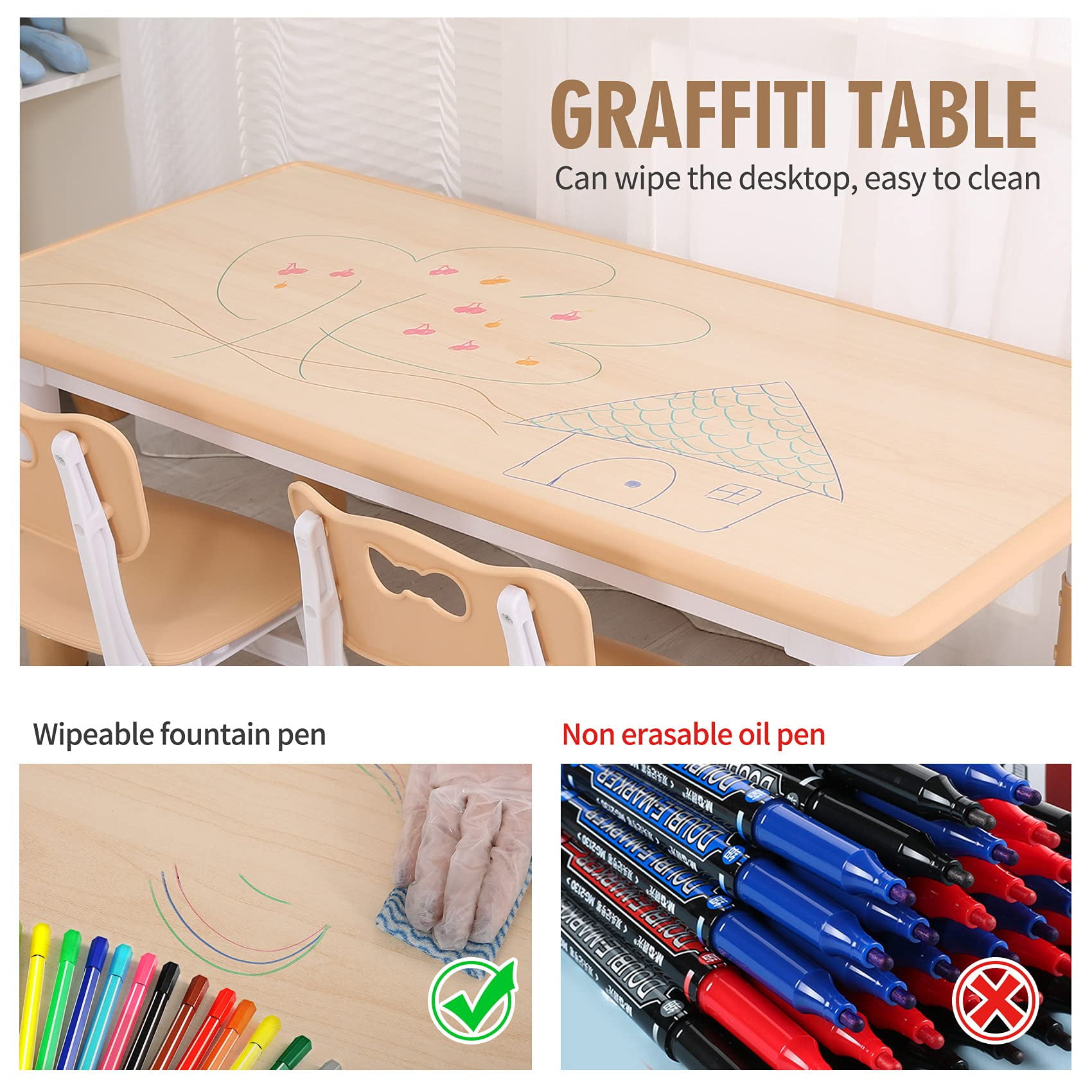 UNICOO® Kids Study Table and Chairs Set, Height Adjustable Plastic Children Art Desk with 4 Seats, Kids Multi Activity Table Set (Maple Top + Nature Board)