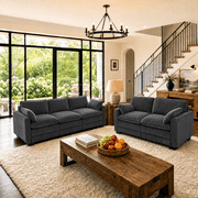 Asofer 2 Pieces Living Room Sofa Set, Corduroy 5-Seater Sectional Sofa Couches, 3 Seater Sofa and 2 Seats Couch with Deep Seats & Washable Cover for Living Room, Apartment, Dark gray