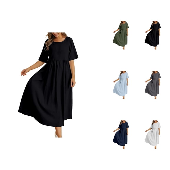 Tshirt Dress Women Cotton Linen Short Sleeve Scoop Neck Loose Fit Flowy Midi Dress Casual Summer Dresses