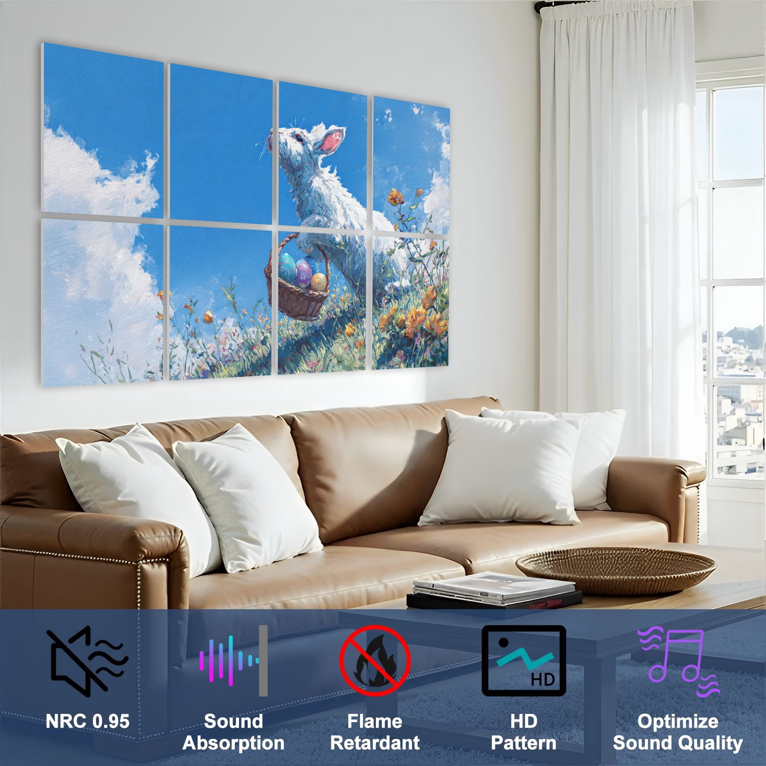 8 Pack Art Acoustic Panels Vintage Rabbit Eggs Retro Wildflower Field Bunny Basket Easter Eggs Self Adhesive Sound Absorbing Panels for Home Office Studio Media Room 48"x32"