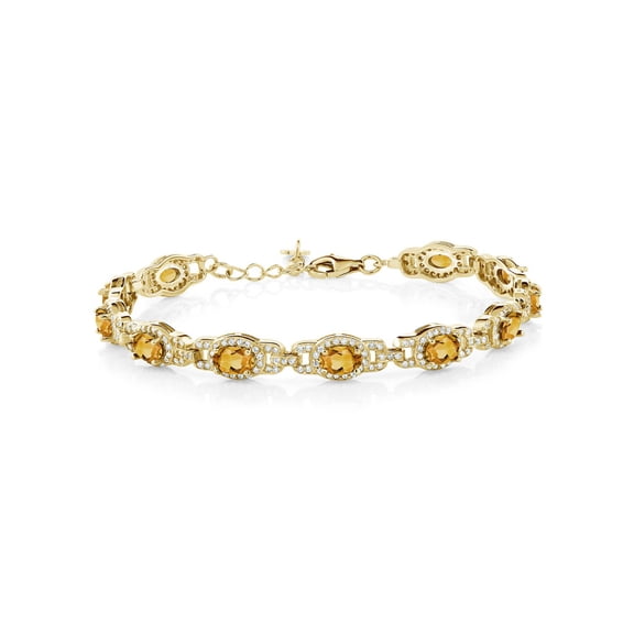Gem Stone King 18K Yellow Gold Plated Silver Oval Yellow Citrine Tennis Bracelet for Women (8.55 Cttw, Gemstone Birthstone, 7 inch with 1 inch Extender)