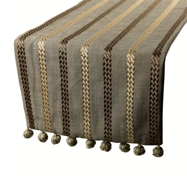 The HomeCentric Linen Table Runner 14'' x 36'' Taupe Green Linen with Embroidery & Tassels