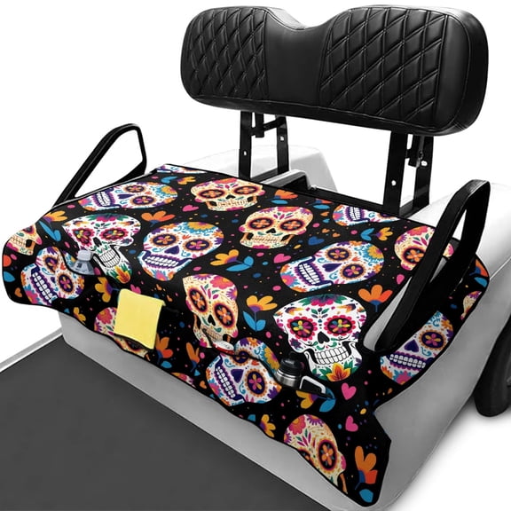 XYZCANDO Colorful Sugar Skull Golf Cart Seat Cover - 4 Storage Pockets, Non-Slip Washable Terry Cloth for 2-Seat Golf Carts