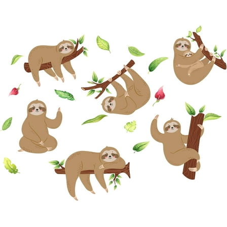 2 Sheets Cute Sloth Wall Stickers Peel and Stick Wall Decals Removable Self Adhesive Vinyl Wall Stickers Nursery Bedroom Playroom Wall Decorations Home Indoor Wall Art Decor