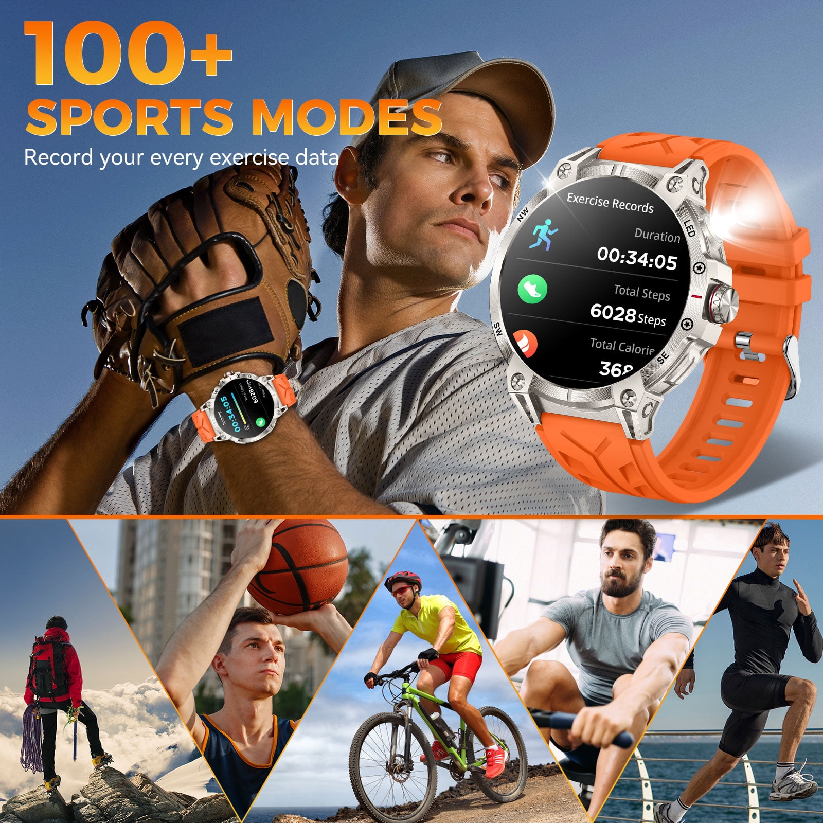 XAXRE KC89 Smart Watch for Men(Answer/Dial Calls)with LED Flashlight 760mAh Battery 100+ Sports Modes Sport Watch 1.85” HD Smartwatches for iOS Android, 1pc