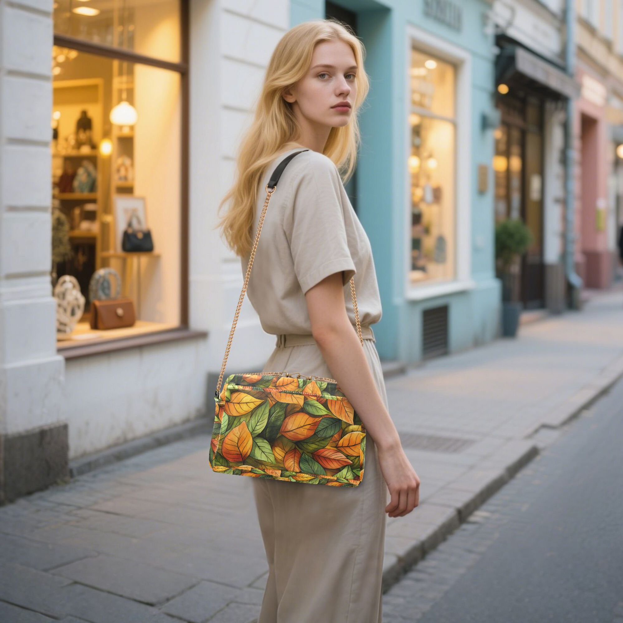 FORMRS Women Crossbody Purse with Chain Strap Vegan Leather Shoulder Handbag, Green Retro Leaves
