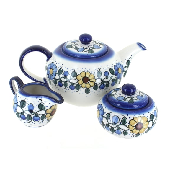 Blue Rose Polish Pottery Geranium 3 Piece Tea Set