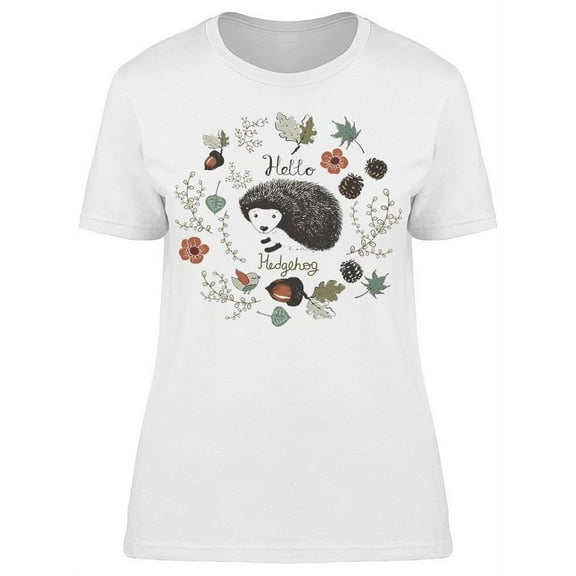 Hello Hedgehog Flowers Doodles T-Shirt Women -Image by Shutterstock, Female Medium