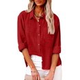 thumbnail image 2 of NANAHuang Womens Button Down Cotton Linen Shirts V Neck Roll Up Long Sleeve Blouses Loose Collared Shirt Casual Work Tops, 2 of 7