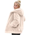 thumbnail image 3 of Yeglea Womens Winter Fuzzy Faux Fur Teddy Hooded Jacket Full Zip Plush Sherpa Outerwear with Side Pockets Drawstring Hood Ribbed Hem for Casual Streetwear Beige,L, 3 of 10