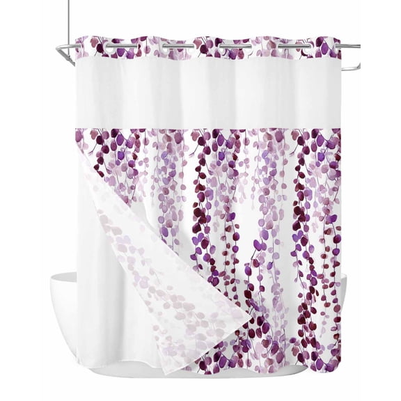No Hook Shower Curtain with Snap-in Liner, Purple Weeping Eucalyptus Waterproof Fabric Bathroom Curtains, Spring Summer Farmhouse Leaves Bath Curtains & Mesh Top Window 72"x78" Long