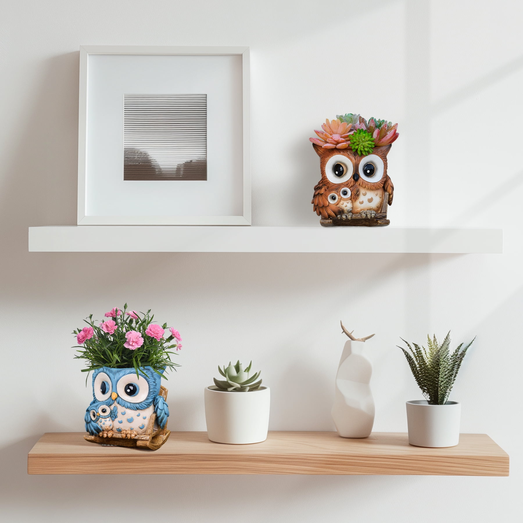 Quoowiit Cute Owl Plant Pots Indoor,Resin Small Succulent Pots with Drainage Hole,Rocking Chair Planters for Outdoor Indoor Plants,Gift Ideas for Mother